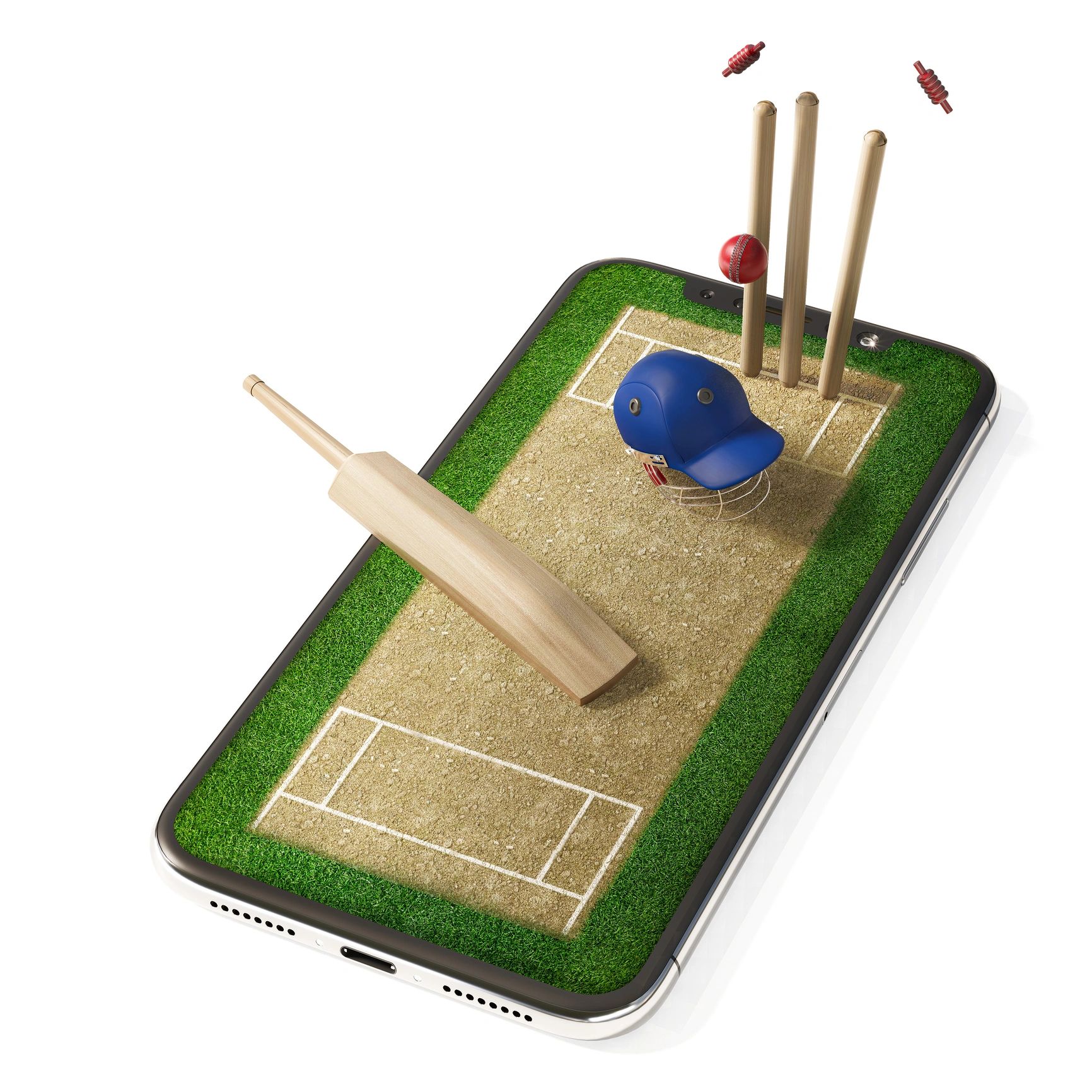 Red cricket ball and cricket bat on grass